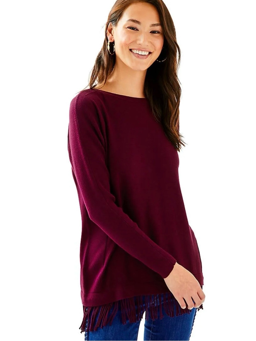 Lilly Pulitzer Glenda Fringe Tunic Sweater Cabernet Cozy Preppy